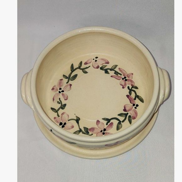 Vintage Handmade Floral Pottery Bowl Ceramic Casserole dish - Picture 2 of 6